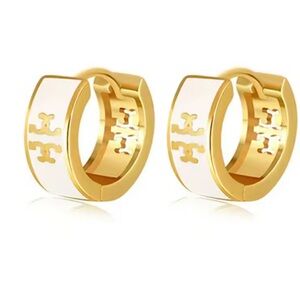 Tory Burch Gold and Cream Logo Earrings